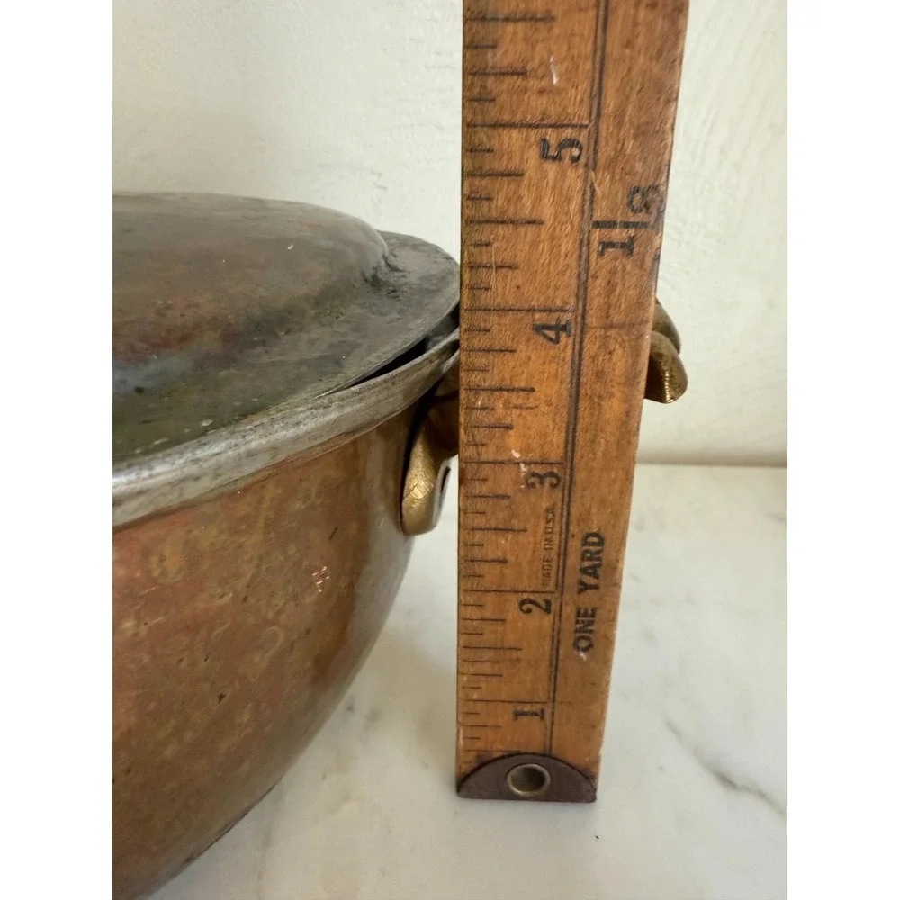 Authentic Hand-Hammered Middle Eastern Copper Cooking Pot w/Lid & Brass Handles